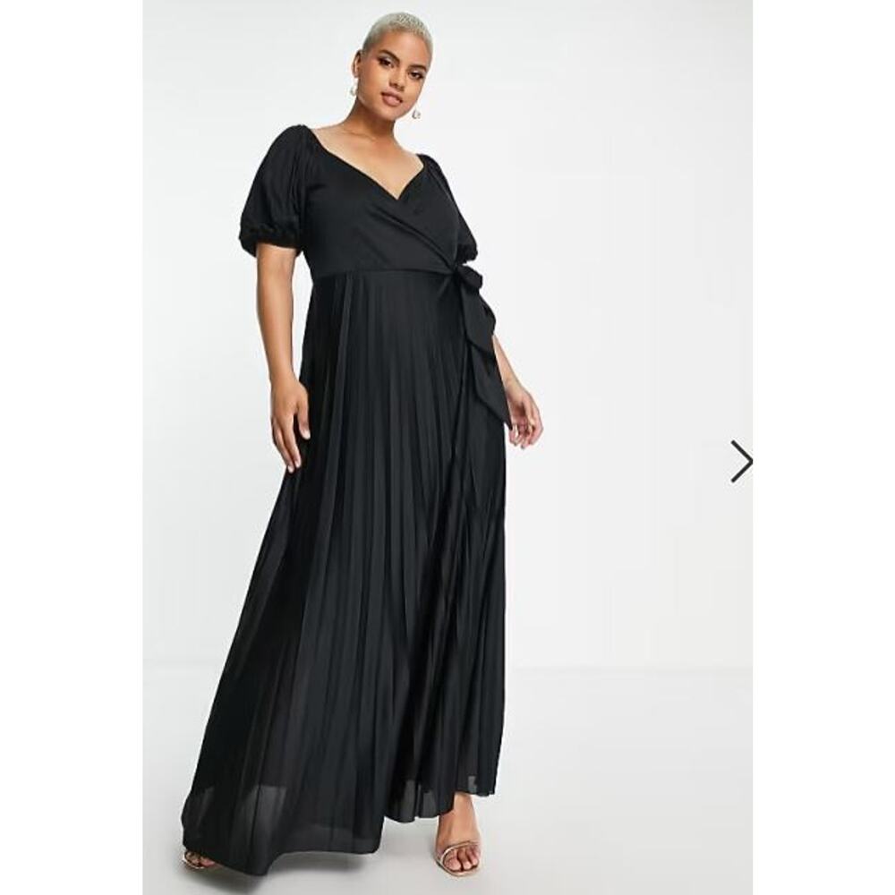 ASOS DESIGN Curve Pleated Puff Sleeve Wrap Front Maxi Dress Black Size 18 NWT